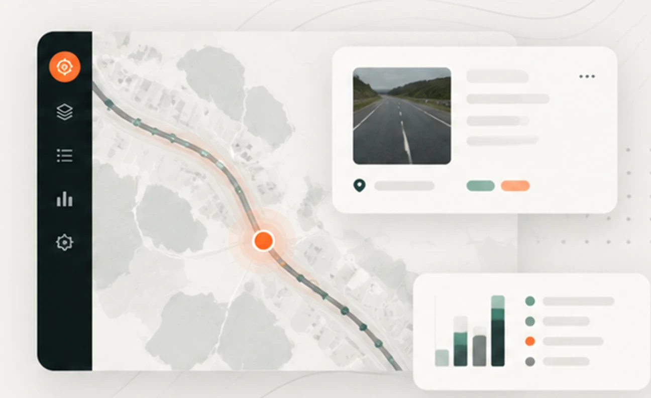 Illustrative geographic road evidence view with mapped observations, supporting road image and summary charts.